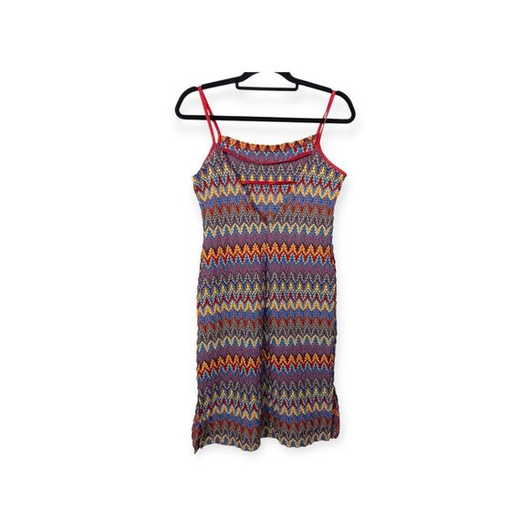 Vintage Y2K Eye Candy Zigzag Multicolor Knit Midi Dress With Red Spaghetti Strap - Picture 6 of 11